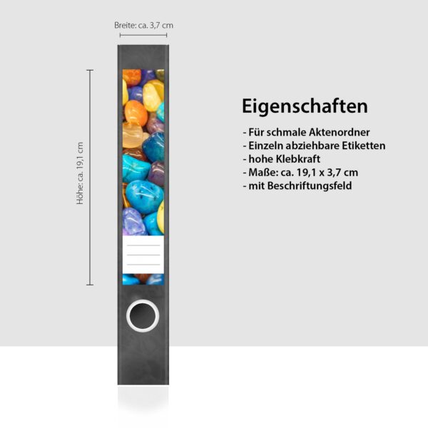 Etiketten für Ordner | Bunte Steine | 7 Aufkleber für schmale Ordnerrücken | Selbstklebende Design Ordneretiketten Rückenschilder