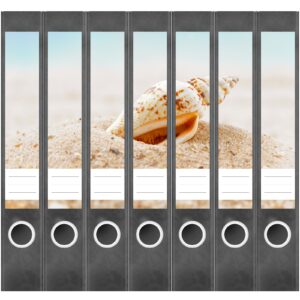 Etiketten für Ordner | Muschel im Sand | 7 Aufkleber für schmale Ordnerrücken | Selbstklebende Design Ordneretiketten Rückenschilder