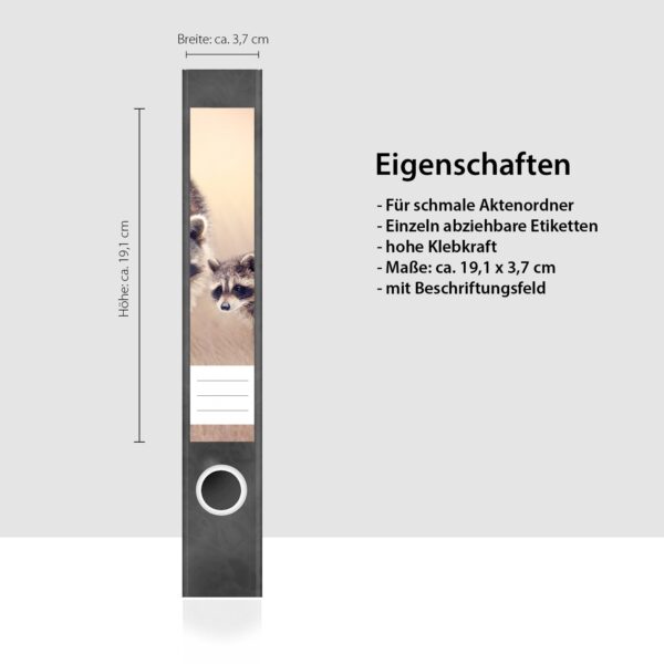 Etiketten für Ordner | Waschbären | 7 Aufkleber für schmale Ordnerrücken | Selbstklebende Design Ordneretiketten Rückenschilder