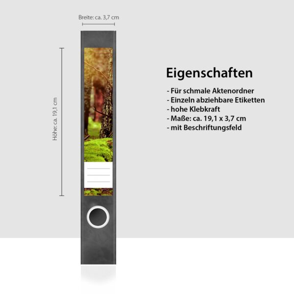 Etiketten für Ordner | Moos im Wald | 7 Aufkleber für schmale Ordnerrücken | Selbstklebende Design Ordneretiketten Rückenschilder