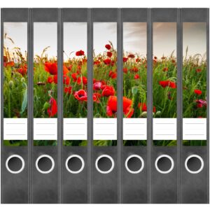 Etiketten für Ordner | Mohnblüte Wiese | 7 Aufkleber für schmale Ordnerrücken | Selbstklebende Design Ordneretiketten Rückenschilder