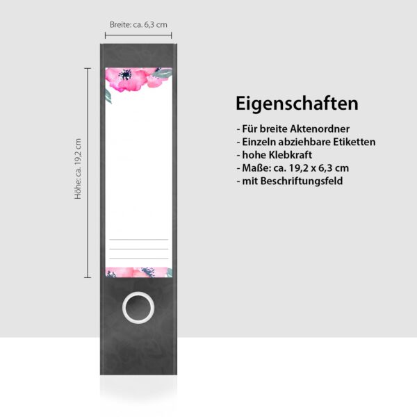 Etiketten für Ordner | Muster Blumen | 4 breite Aufkleber für Ordnerrücken | Selbstklebende Design Ordneretiketten Rückenschilder