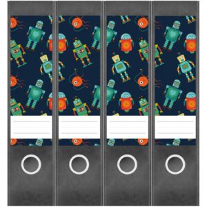 Etiketten für Ordner | Muster Roboter | 4 breite Aufkleber für Ordnerrücken | Selbstklebende Design Ordneretiketten Rückenschilder