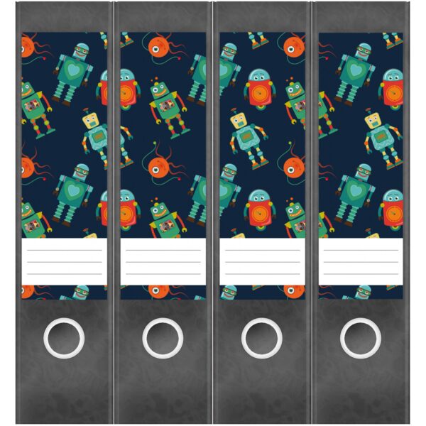 Etiketten für Ordner | Muster Roboter | 4 breite Aufkleber für Ordnerrücken | Selbstklebende Design Ordneretiketten Rückenschilder