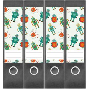 Etiketten für Ordner | Muster Roboter 3 | 4 breite Aufkleber für Ordnerrücken | Selbstklebende Design Ordneretiketten Rückenschilder