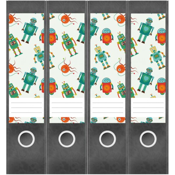 Etiketten für Ordner | Muster Roboter 3 | 4 breite Aufkleber für Ordnerrücken | Selbstklebende Design Ordneretiketten Rückenschilder