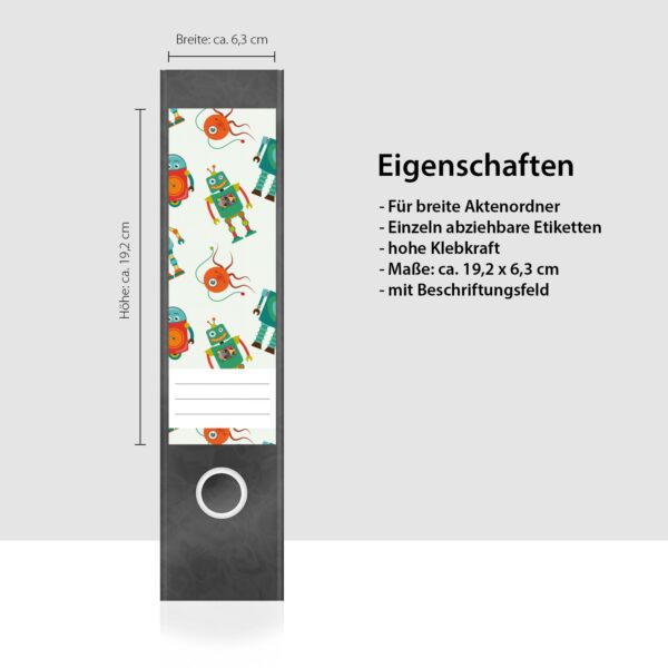 Etiketten für Ordner | Muster Roboter 3 | 4 breite Aufkleber für Ordnerrücken | Selbstklebende Design Ordneretiketten Rückenschilder