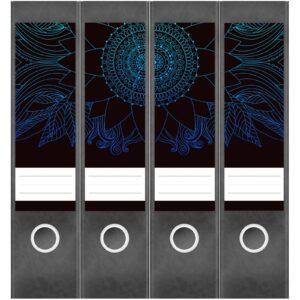 Etiketten für Ordner | Blaues Muster auf Schwarz | 4 breite Aufkleber für Ordnerrücken | Selbstklebende Design Ordneretiketten Rückenschilder