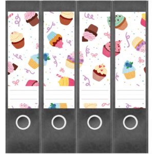 Etiketten für Ordner | Cupcakes | 4 breite Aufkleber für Ordnerrücken | Selbstklebende Design Ordneretiketten Rückenschilder