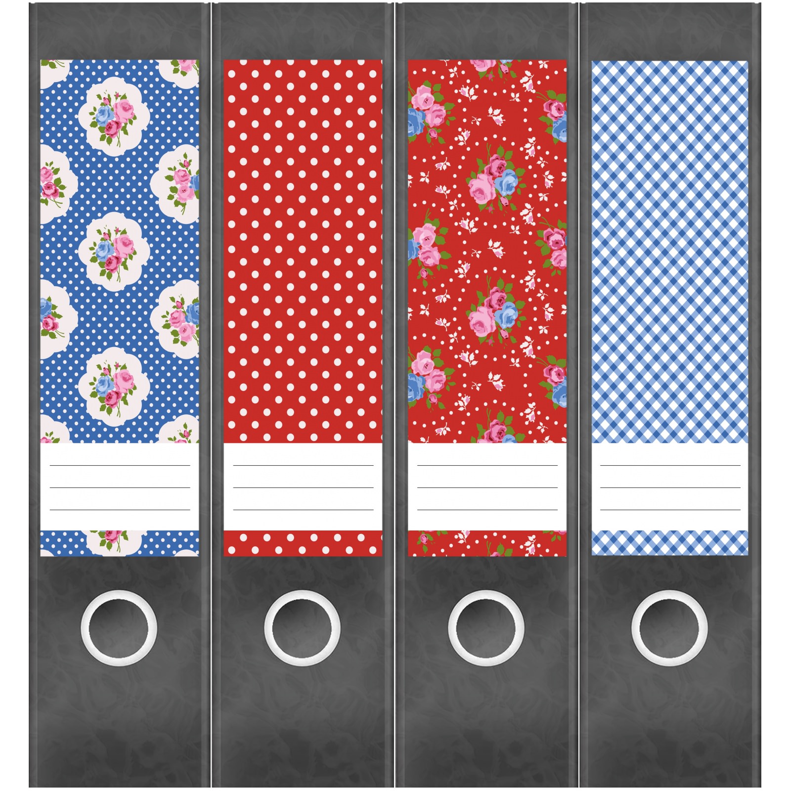Etiketten für Ordner | Deko 18 Muster Mix | 4 breite Aufkleber für Ordnerrücken | Selbstklebende Design Ordneretiketten Rückenschilder