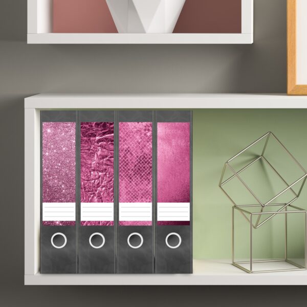 Etiketten für Ordner | Muster Mix Set 8 Rosa | 4 breite Aufkleber für Ordnerrücken | Selbstklebende Design Ordneretiketten Rückenschilder