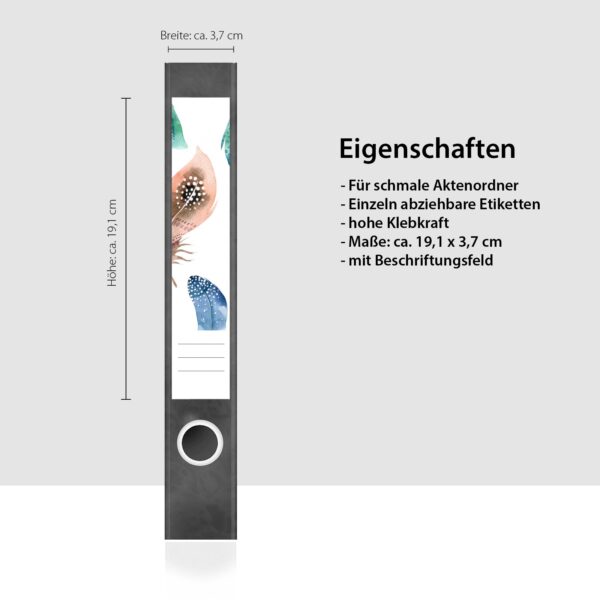 Etiketten für Ordner | Muster Federn | 7 Aufkleber für schmale Ordnerrücken | Selbstklebende Design Ordneretiketten Rückenschilder