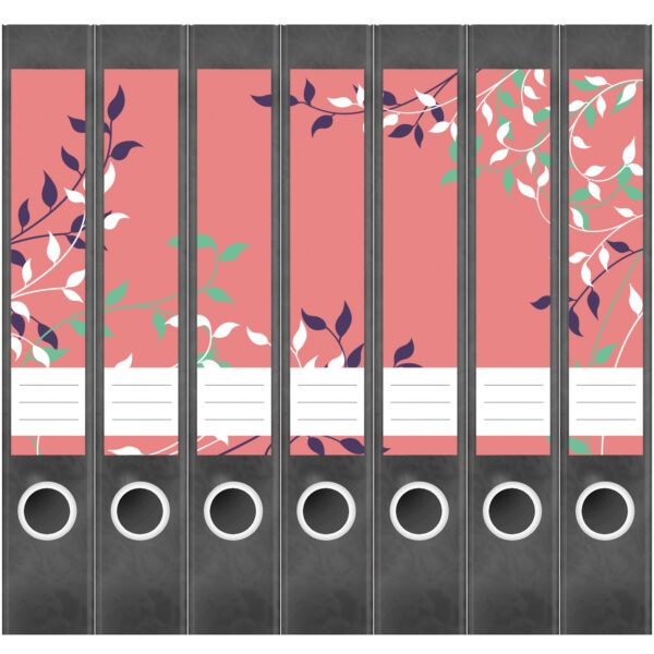 Etiketten für Ordner | Muster Rosa Blätter | 7 Aufkleber für schmale Ordnerrücken | Selbstklebende Design Ordneretiketten Rückenschilder