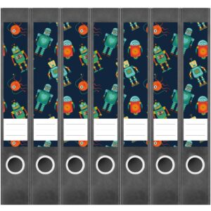 Etiketten für Ordner | Muster Roboter | 7 Aufkleber für schmale Ordnerrücken | Selbstklebende Design Ordneretiketten Rückenschilder