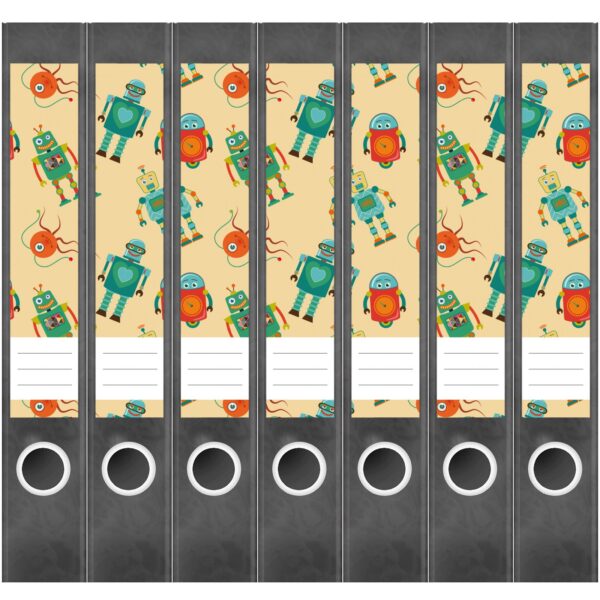 Etiketten für Ordner | Muster Roboter 2 | 7 Aufkleber für schmale Ordnerrücken | Selbstklebende Design Ordneretiketten Rückenschilder