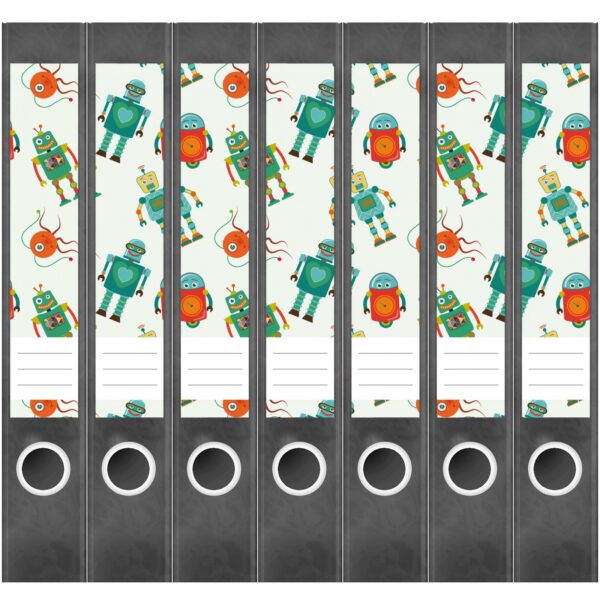 Etiketten für Ordner | Muster Roboter 3 | 7 Aufkleber für schmale Ordnerrücken | Selbstklebende Design Ordneretiketten Rückenschilder