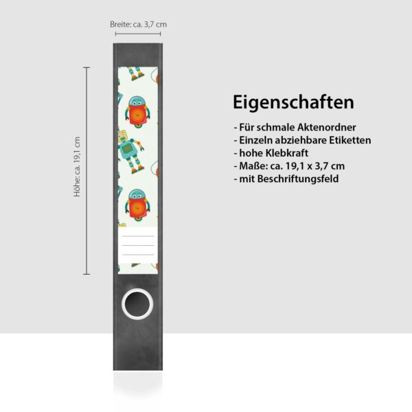 Etiketten für Ordner | Muster Roboter 3 | 7 Aufkleber für schmale Ordnerrücken | Selbstklebende Design Ordneretiketten Rückenschilder