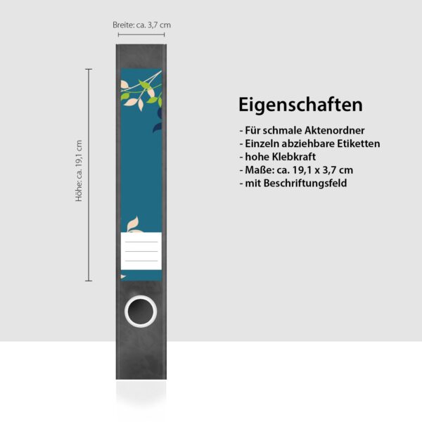 Etiketten für Ordner | Ranken auf Blau | 7 Aufkleber für schmale Ordnerrücken | Selbstklebende Design Ordneretiketten Rückenschilder