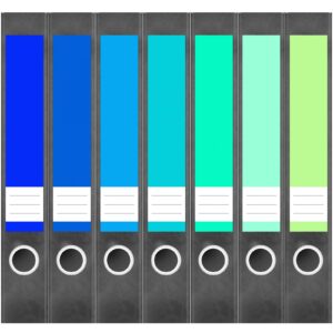 Etiketten für Ordner | Farbmix Blau Türkis | 7 Aufkleber für schmale Ordnerrücken | Selbstklebende Design Ordneretiketten Rückenschilder
