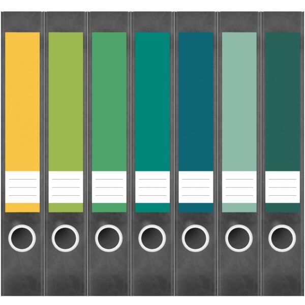 Etiketten für Ordner | Farbmix Gelb Grün | 7 Aufkleber für schmale Ordnerrücken | Selbstklebende Design Ordneretiketten Rückenschilder