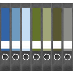 Etiketten für Ordner | Farbmix Blau Grün | 7 Aufkleber für schmale Ordnerrücken | Selbstklebende Design Ordneretiketten Rückenschilder