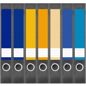 Etiketten für Ordner | Farbmix Blau Gelb Bunt | 7 Aufkleber für schmale Ordnerrücken | Selbstklebende Design Ordneretiketten Rückenschilder