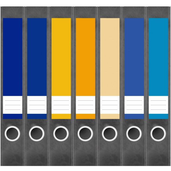 Etiketten für Ordner | Farbmix Blau Gelb Bunt | 7 Aufkleber für schmale Ordnerrücken | Selbstklebende Design Ordneretiketten Rückenschilder