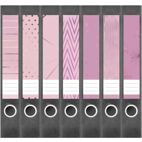 Etiketten für Ordner | Muster Mix Set 2 Rosa | 7 Aufkleber für schmale Ordnerrücken | Selbstklebende Design Ordneretiketten Rückenschilder