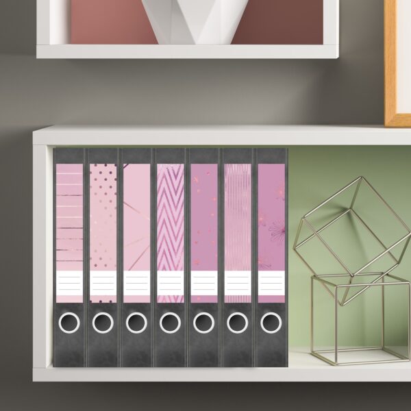 Etiketten für Ordner | Muster Mix Set 2 Rosa | 7 Aufkleber für schmale Ordnerrücken | Selbstklebende Design Ordneretiketten Rückenschilder