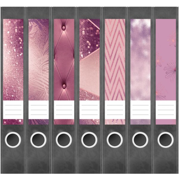 Etiketten für Ordner | Muster Mix Set 5 Rosa | 7 Aufkleber für schmale Ordnerrücken | Selbstklebende Design Ordneretiketten Rückenschilder