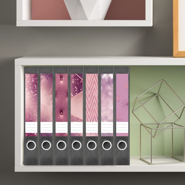 Etiketten für Ordner | Muster Mix Set 5 Rosa | 7 Aufkleber für schmale Ordnerrücken | Selbstklebende Design Ordneretiketten Rückenschilder