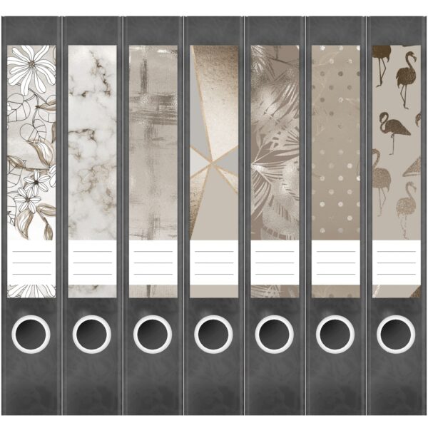 Etiketten für Ordner | Muster Mix 1 Bronze Look | 7 Aufkleber für schmale Ordnerrücken | Selbstklebende Design Ordneretiketten Rückenschilder