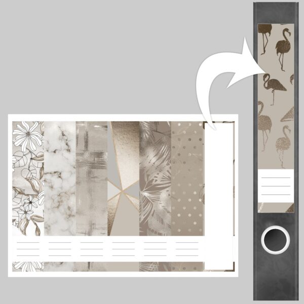 Etiketten für Ordner | Muster Mix 1 Bronze Look | 7 Aufkleber für schmale Ordnerrücken | Selbstklebende Design Ordneretiketten Rückenschilder