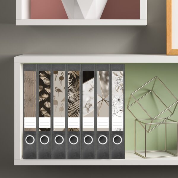 Etiketten für Ordner | Muster Mix 2 Bronze Look | 7 Aufkleber für schmale Ordnerrücken | Selbstklebende Design Ordneretiketten Rückenschilder