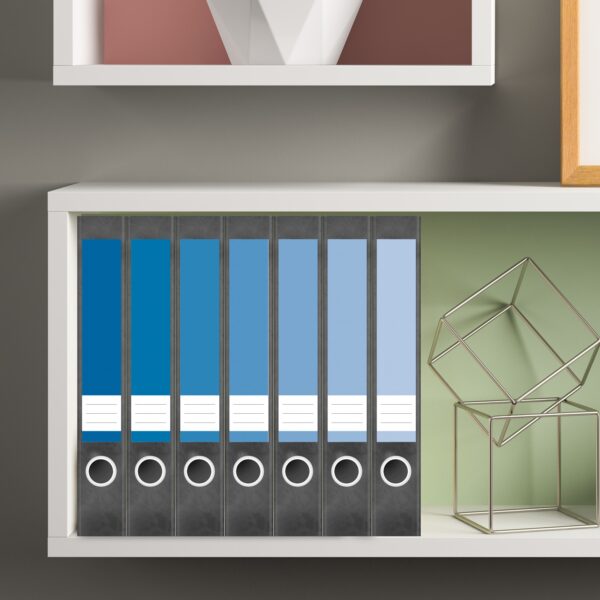 Etiketten für Ordner | Farben Mix Blau | 7 Aufkleber für schmale Ordnerrücken | Selbstklebende Design Ordneretiketten Rückenschilder